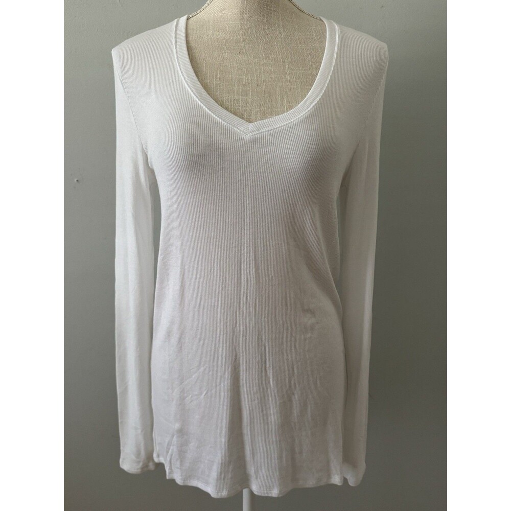 ATM White Modal Rib Long Sleeve V-neck Tee Women’s Large NEW